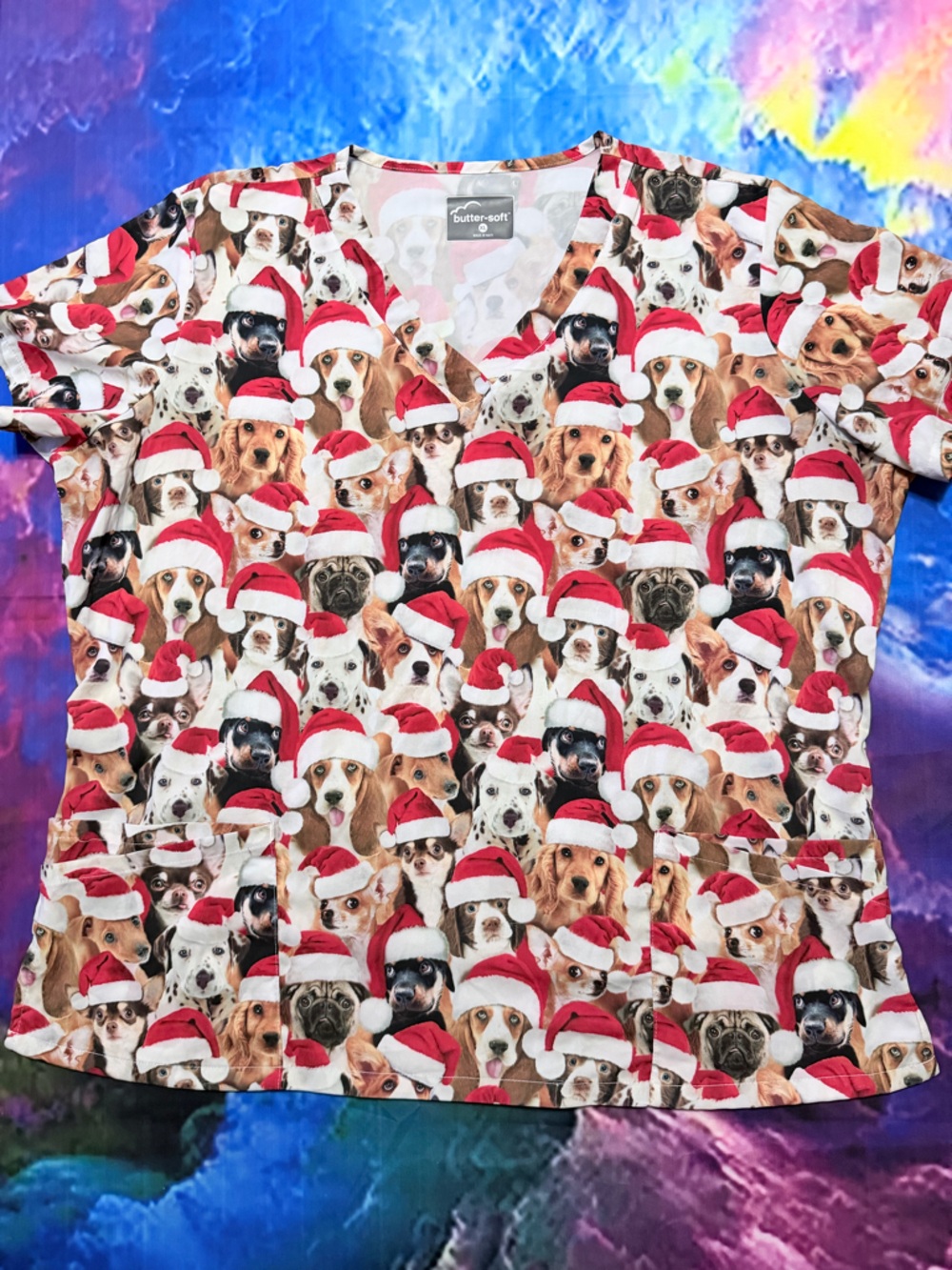 Butter-Soft Holiday Dog Print V-Neck Top in Red & White